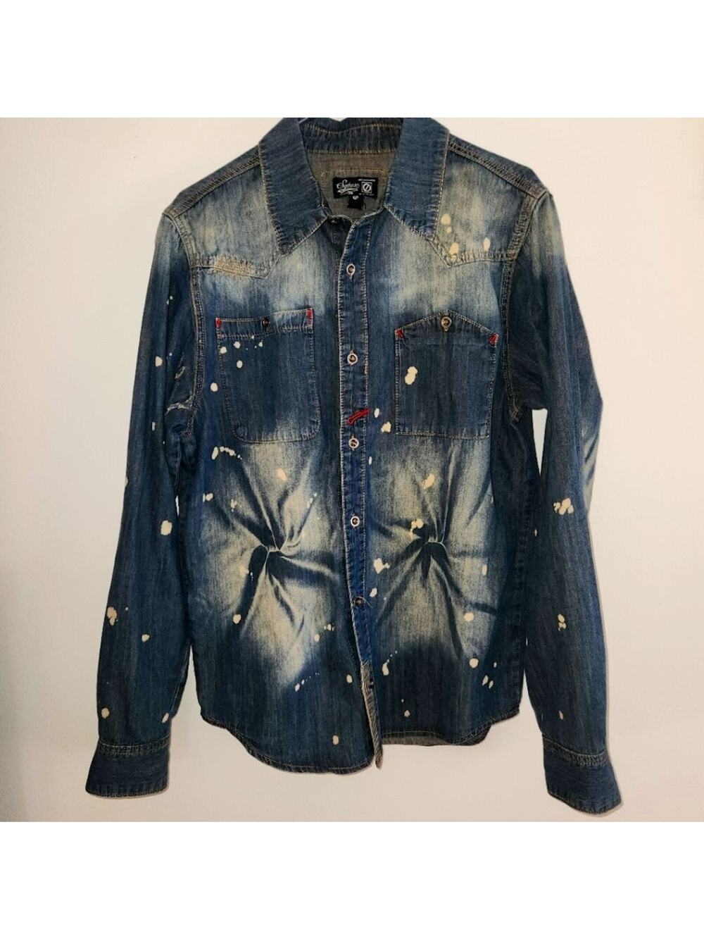 Square Zero Denim Distressed Button Down Shirt Large